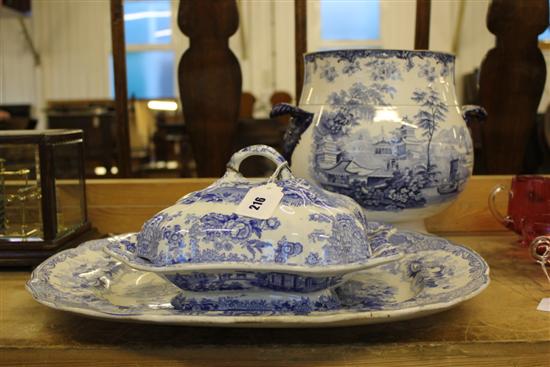 2 blue & white pot tureen & cover & meat platter